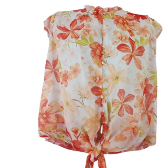 Haver + Blair London Womens Blouse Cream Coral Floral Tie Hem Ruffled Chiffon L - Picture 2 of 3